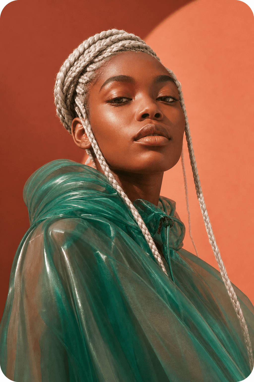 Fashion portrait in translucent emerald material
