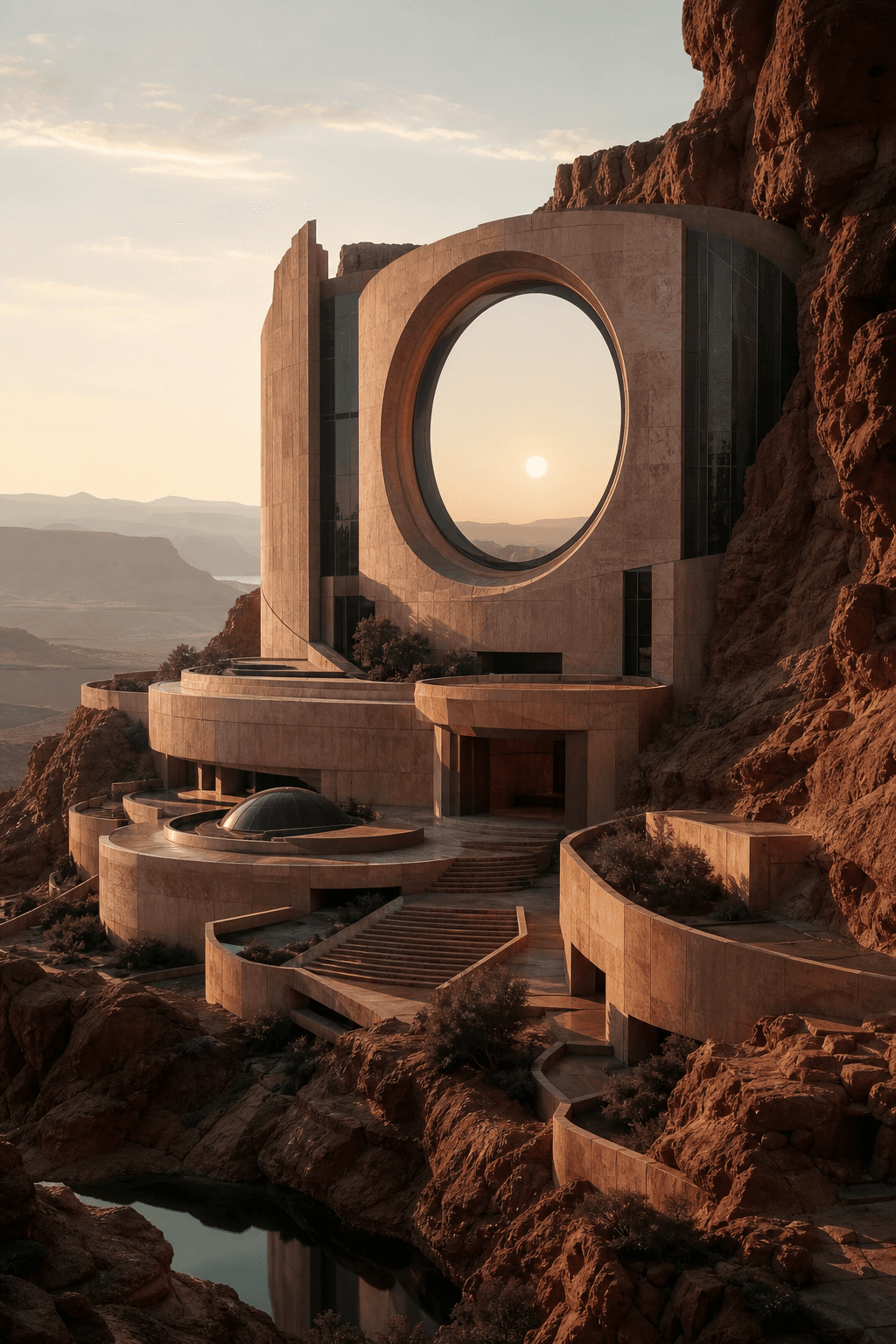 Surreal coral observatory opening onto a distant landscape