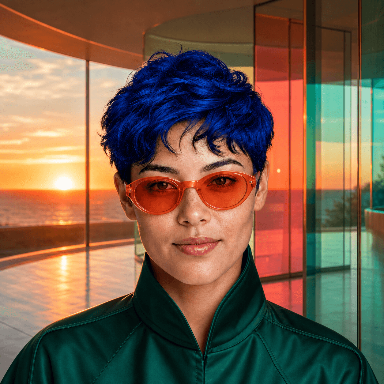 Portrait after changing the hair, glasses, clothing, and background with Pluton AI