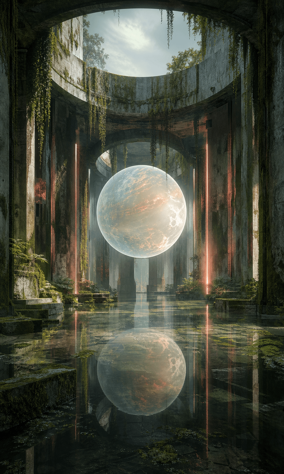 A luminous opal moon floating inside a moss-covered architectural archive