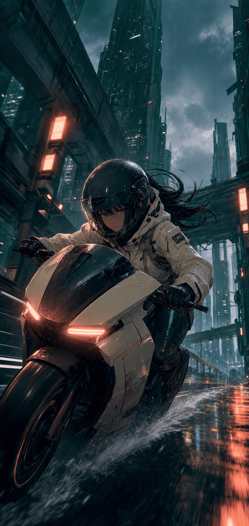Cinematic rider moving through rain
