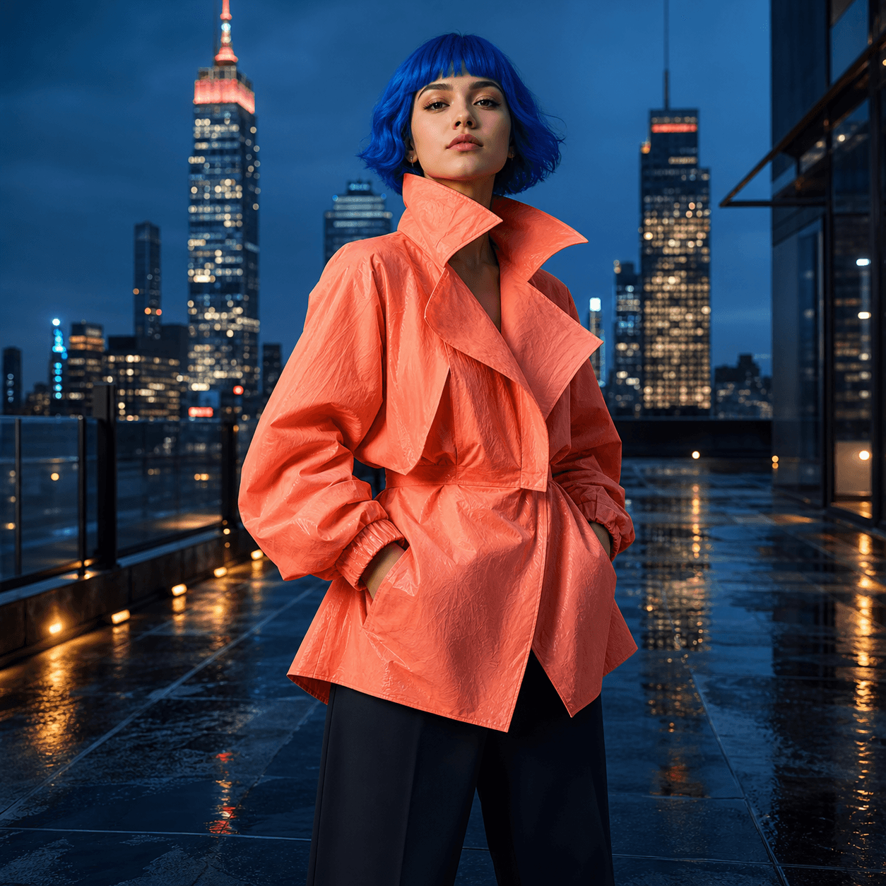 Fashion portrait with a cobalt-blue bob, coral coat, and dark tailored trousers